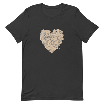 The image showcases an anatomical heart shape filled with numerous small, simple, and cute cartoon-like cat illustrations in a light brown tone. The overall style is whimsical and playful, combining elements of illustration and pop culture art.