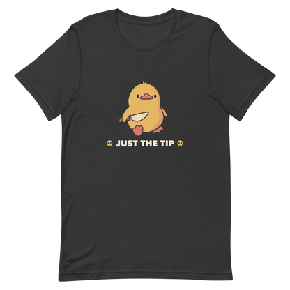 A duckling holds a shiny knife with a blank stare and above the phrase “Just the Tip”. This design mixes dark humor and cuteness in the most unexpected way. Perfect for those who love ducks, sarcastic jokes and edgy humor.