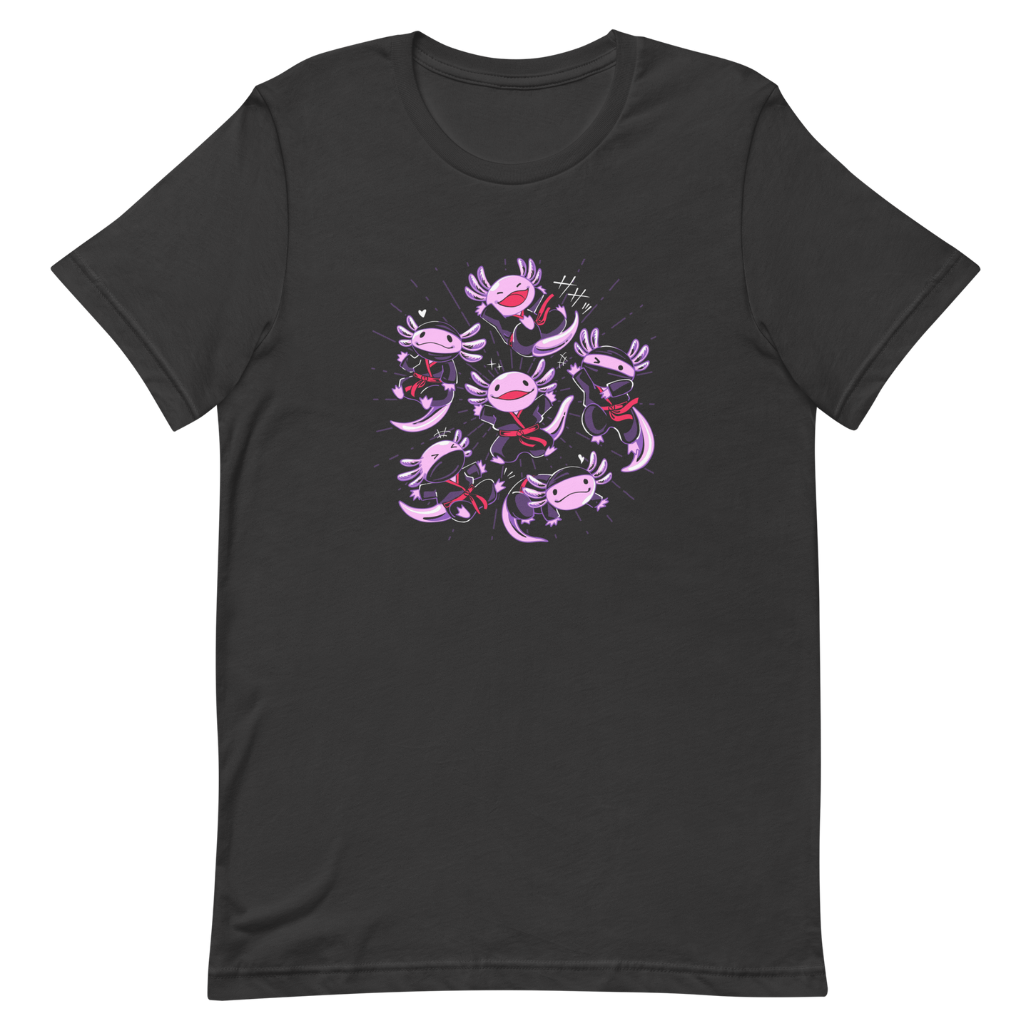 Several axolotls dressed as ninjas, each in different, energetic poses. This design combines cuteness and martial arts in a fun and unique scene. Ideal for axolotl fans, Japanese culture lovers, and those who enjoy fun and original prints.