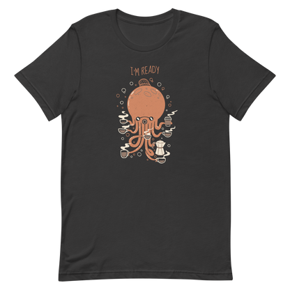 An orange octopus wearing a cap, balancing several cups of steaming coffee on its tentacles. This design blends the marine world with a passion for coffee, creating a fun and energetic scene. Ideal for coffee lovers, fans of funny illustrations, and anyone who needs a stylish morning pick-me-up.