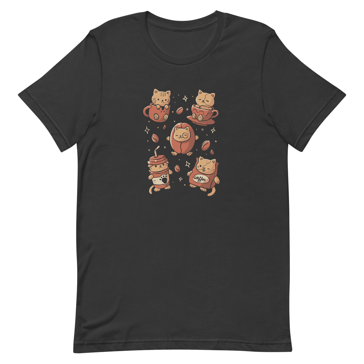 The design shows cute kittens interacting with coffee-themed elements. One kitten sits in a mug, another in a cup, a third in a coffee bean, while two wear coffee cup and bag costumes. The style is playful and cartoonish with a warm color palette and whimsical coffee beans scattered around.