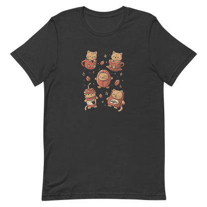 The design shows cute kittens interacting with coffee-themed elements. One kitten sits in a mug, another in a cup, a third in a coffee bean, while two wear coffee cup and bag costumes. The style is playful and cartoonish with a warm color palette and whimsical coffee beans scattered around.