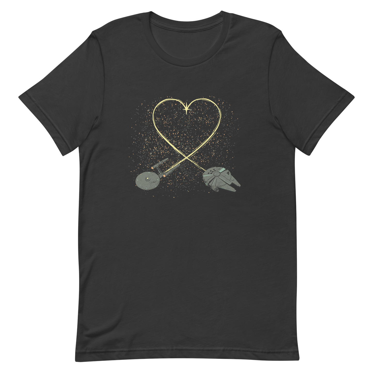 A romantic sci-fi illustration of two retro-inspired spaceships flying through space, their trails forming a heart shape. A subtle tribute to classic science fiction adventures, perfect for sci-fi fans who love a touch of romance.