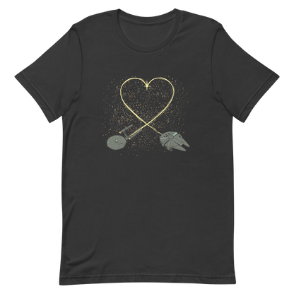 A romantic sci-fi illustration of two retro-inspired spaceships flying through space, their trails forming a heart shape. A subtle tribute to classic science fiction adventures, perfect for sci-fi fans who love a touch of romance.
