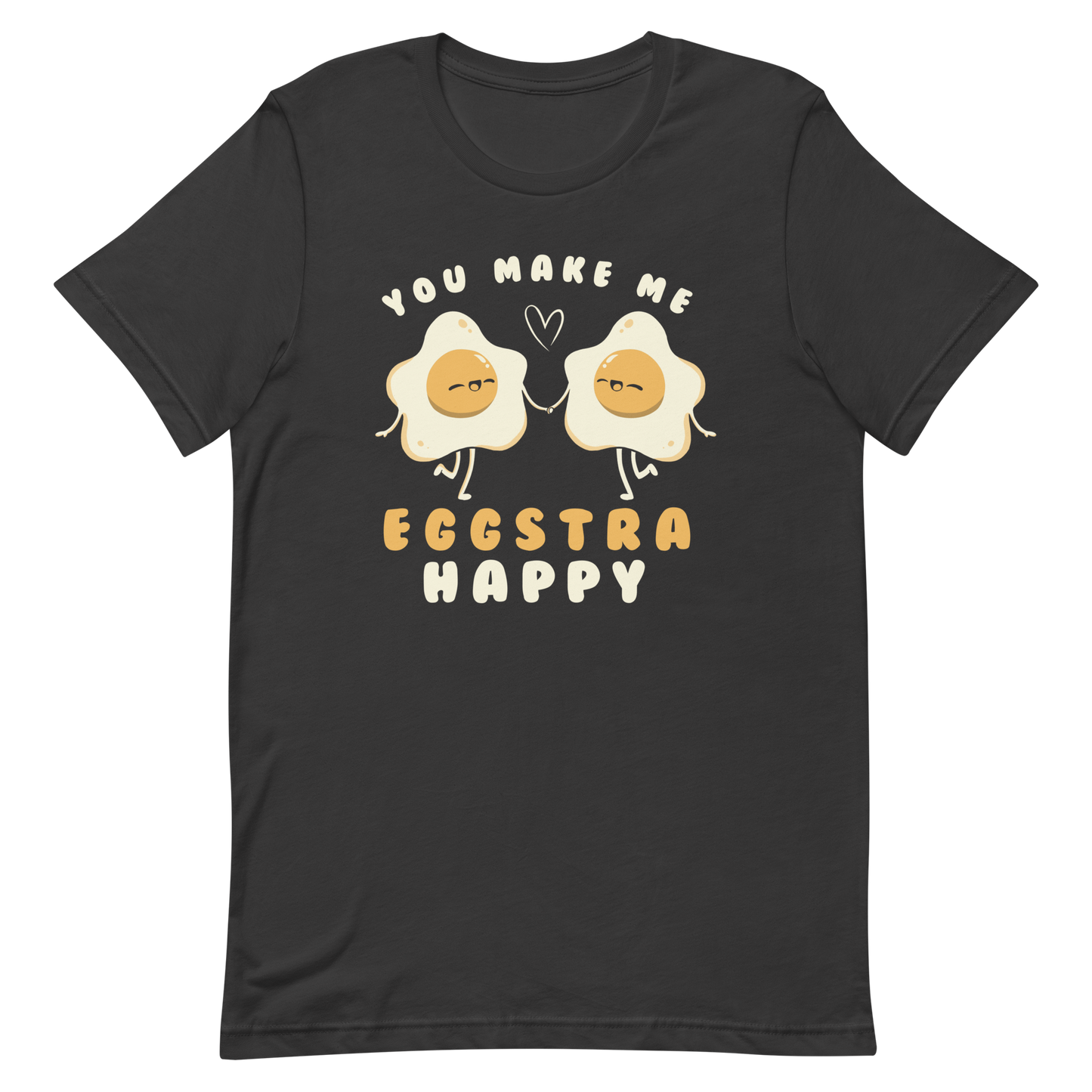 A fun and cute art of two bouncy starry eggs as if they were lovers, next to them the phrase "You make me eggstra happy". A humorous gift that combines love and eggs.