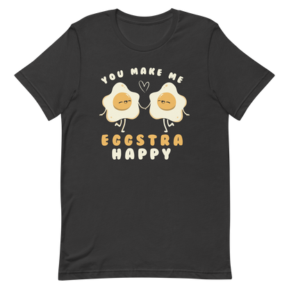 A fun and cute art of two bouncy starry eggs as if they were lovers, next to them the phrase "You make me eggstra happy". A humorous gift that combines love and eggs.
