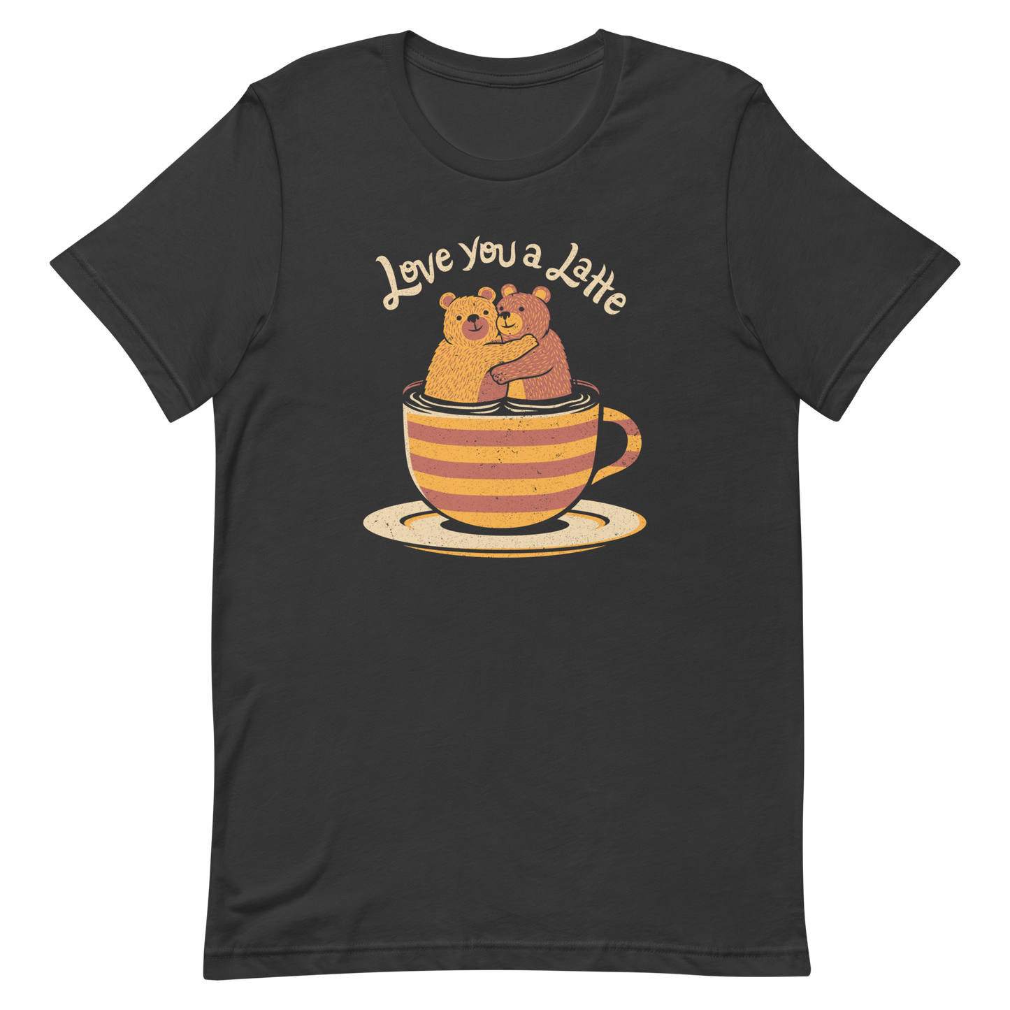 A cute Valentine’s Day illustration featuring two teddy bears hugging inside a cup of black coffee, paired with the phrase “I Love You a Latte”. A sweet and cosy design for coffee lovers, bear fans, and anyone who enjoys playful, romantic humour.

