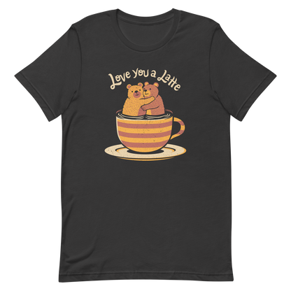 A cute Valentine’s Day illustration featuring two teddy bears hugging inside a cup of black coffee, paired with the phrase “I Love You a Latte”. A sweet and cosy design for coffee lovers, bear fans, and anyone who enjoys playful, romantic humour.

