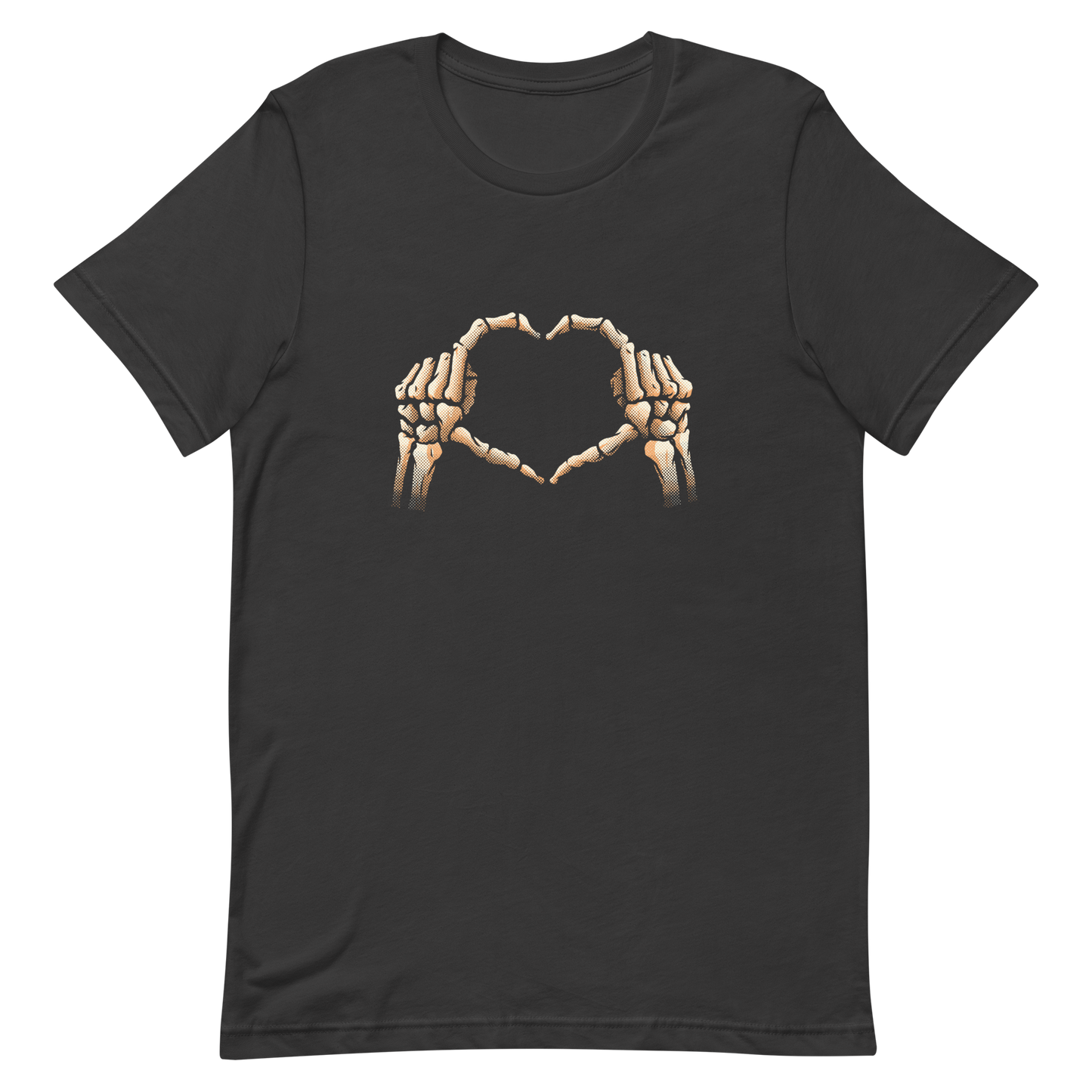 Two skeleton hands forming a heart with their fingers, an art that combines humor with love and is perfect for those who love Halloween.