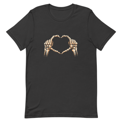 Two skeleton hands forming a heart with their fingers, an art that combines humor with love and is perfect for those who love Halloween.