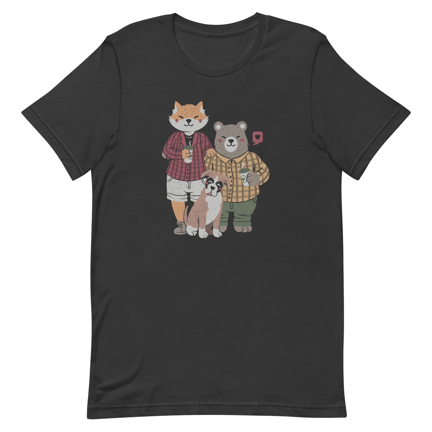 A beautiful family made up of a little red fox, a gray bear wearing plaid shirts and having a coffee with their boxer dog. An art that shows that families can be different what matters is love.