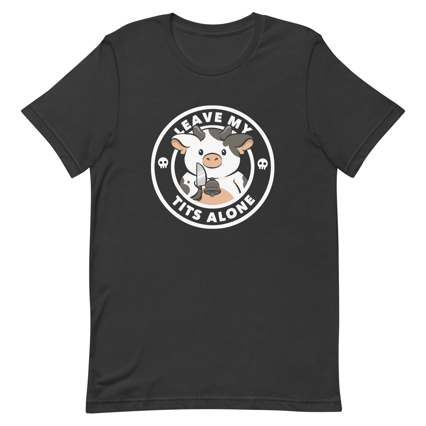 A quirky stamp-style design featuring a cute spotted cow holding a knife with the phrase “Leave My Tits Alone.” It mixes humor, attitude, and a playful call for animal respect. Perfect for cow lovers, fans of sassy humor, and anyone who supports animal rights.