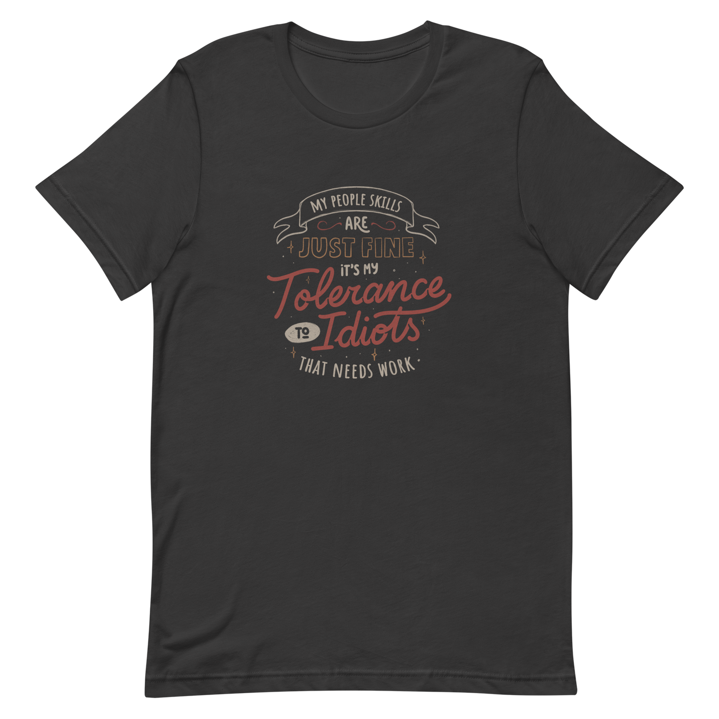 A sarcastic and funny lettering featuring the phrase “My People Skills Are Just Fine, It’s My Tolerance To Idiots That Needs Work”. Perfect for introverts, coworkers, and anyone who loves dry humor and witty quotes.