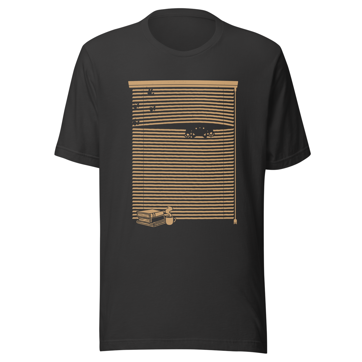 A Venetian blind with a stack of books in front of it and a small black cat peeking through a gap as if spying on the outside world. A charming and playful piece of art, perfect for cat owners, book lovers, and anyone who enjoys cozy, whimsical illustrations.