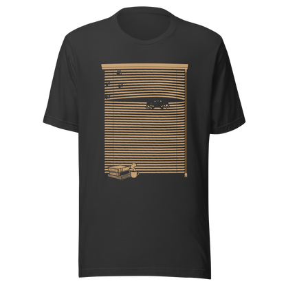 A Venetian blind with a stack of books in front of it and a small black cat peeking through a gap as if spying on the outside world. A charming and playful piece of art, perfect for cat owners, book lovers, and anyone who enjoys cozy, whimsical illustrations.