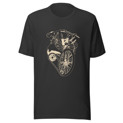 A single-colour artwork that forms an anatomical heart crafted entirely from bicycle parts, including wheels, handlebars, chains and other mechanical details. A clean and minimalist composition that blends creativity with a love for cycling. Perfect for cyclists, bike enthusiasts and anyone passionate about life on two wheels.