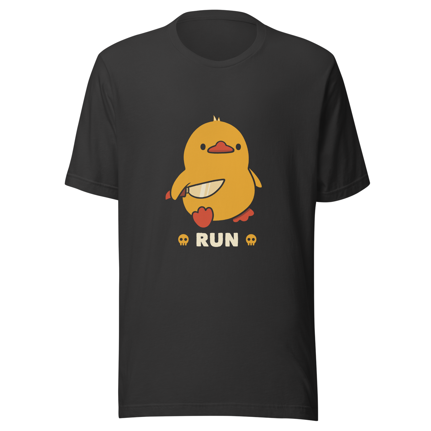 A cute yellow duck holding a small knife, with the text "Run" below it. This artwork blends humor with the ducks temperament.