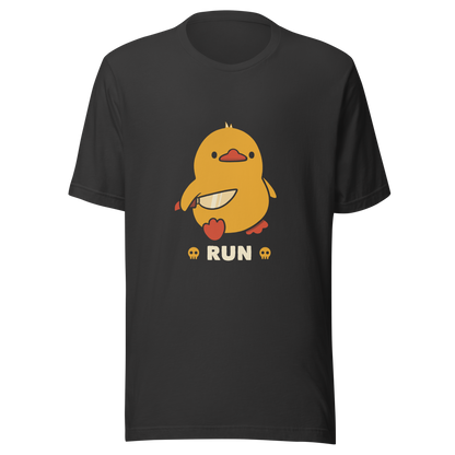 A cute yellow duck holding a small knife, with the text "Run" below it. This artwork blends humor with the ducks temperament.