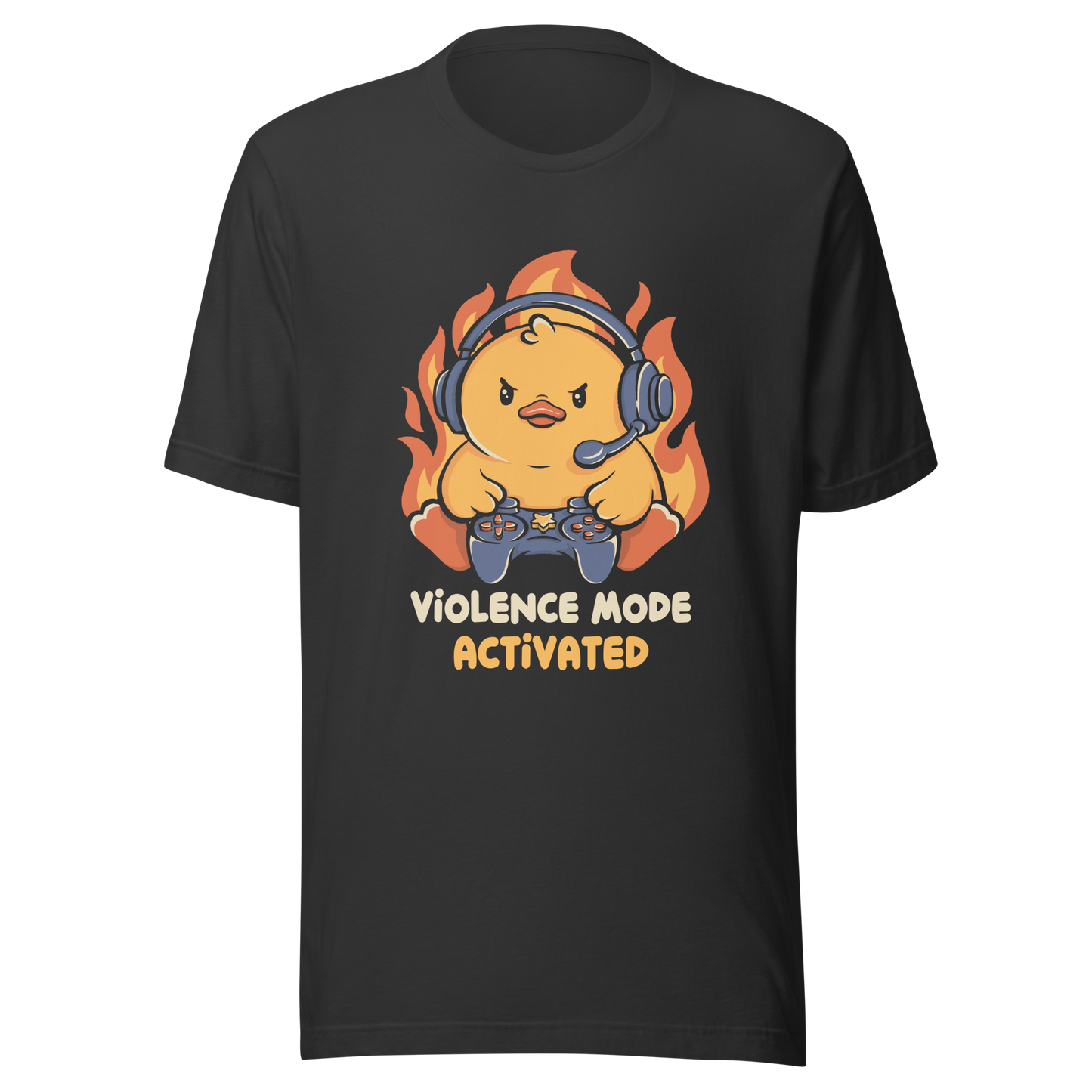 A determined duck, with flames behind it, wearing a gaming headset and holding a controller with intense focus. This design captures the humorous intensity of going full "violence mode" during competitive matches. Perfect for gamers, streamers, and fans of bold and fun geek designs.