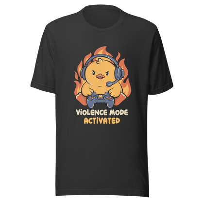 A determined duck, with flames behind it, wearing a gaming headset and holding a controller with intense focus. This design captures the humorous intensity of going full "violence mode" during competitive matches. Perfect for gamers, streamers, and fans of bold and fun geek designs.