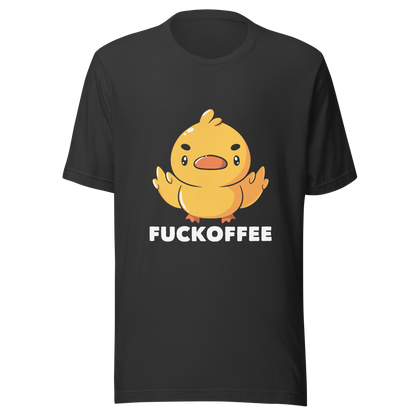 A cute yellow duckling with a mean face showing his middle fingers, next to it the phrase "Fuckoffee". An art with humor for those who love ducks.