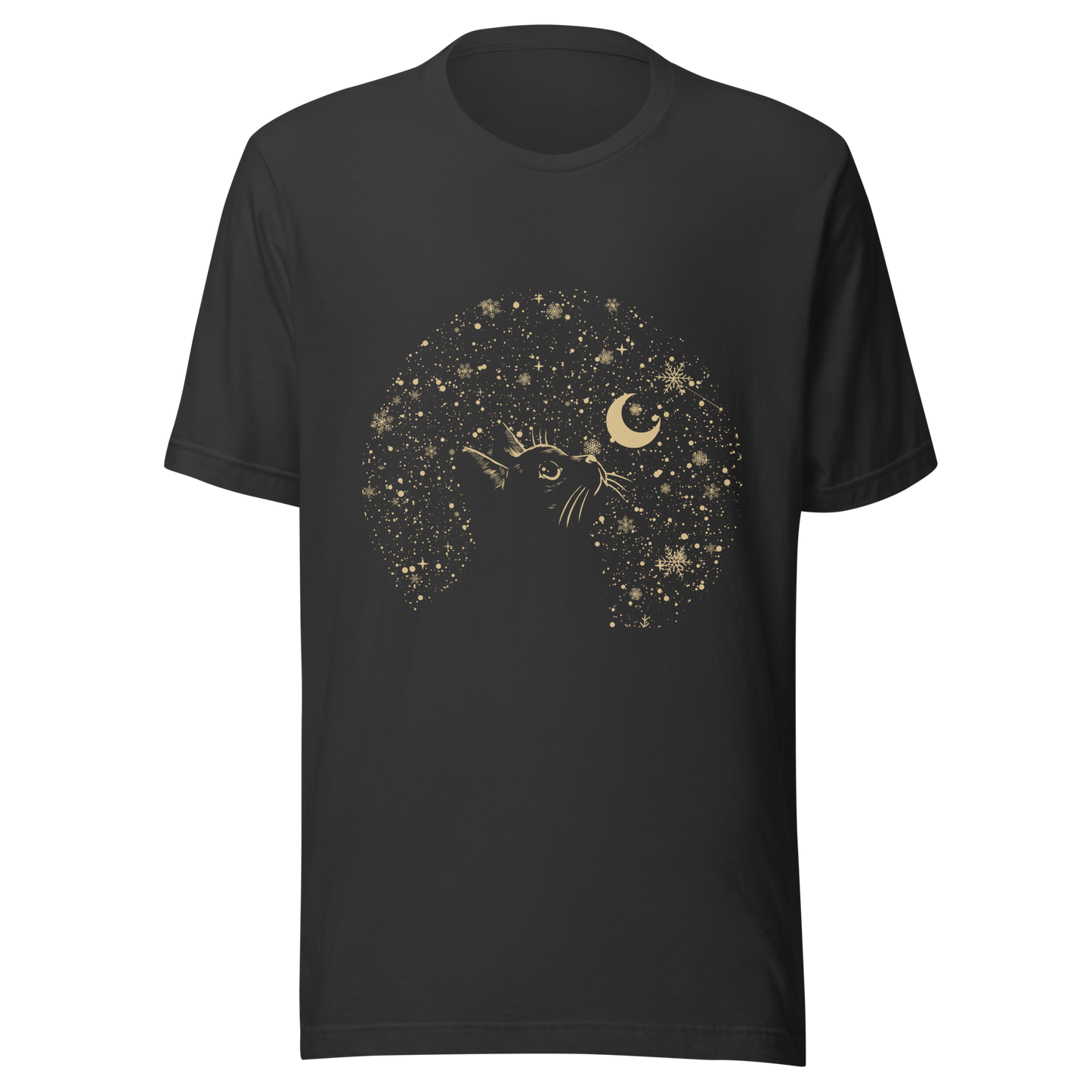 A minimalist artwork featuring a kitten in profile, gazing at the crescent moon on a quiet, moonlit night. A poetic piece, perfect for those who love cats and a slightly melancholic winter atmosphere.