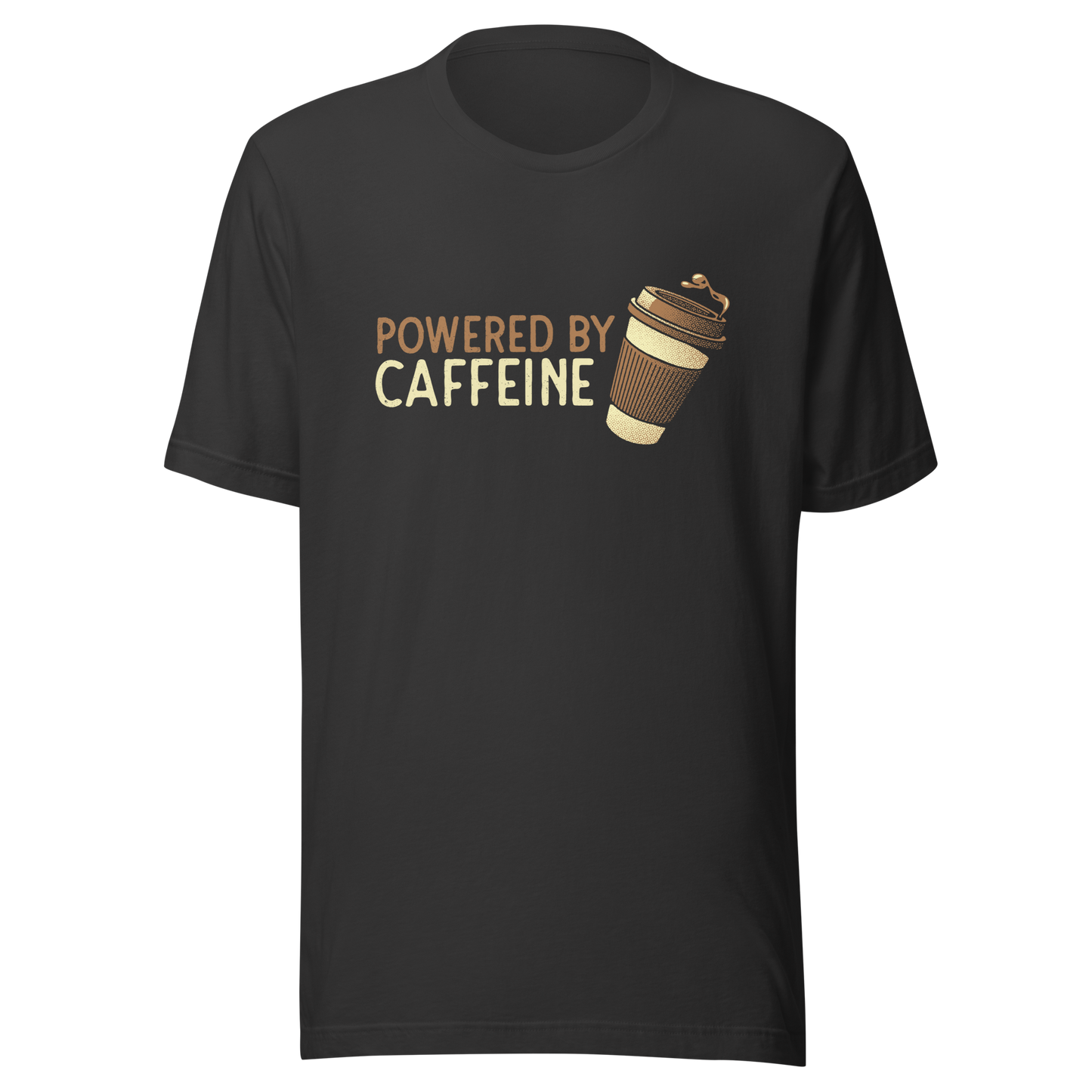 A steaming coffee cup tilts playfully beside the phrase “Powered by Caffeine,” written in bold, vintage-style lettering. This design perfectly captures the spirit of those who run entirely on coffee and determination. Ideal for caffeine lovers, coffee addicts and anyone who can’t start the day without their favorite brew.