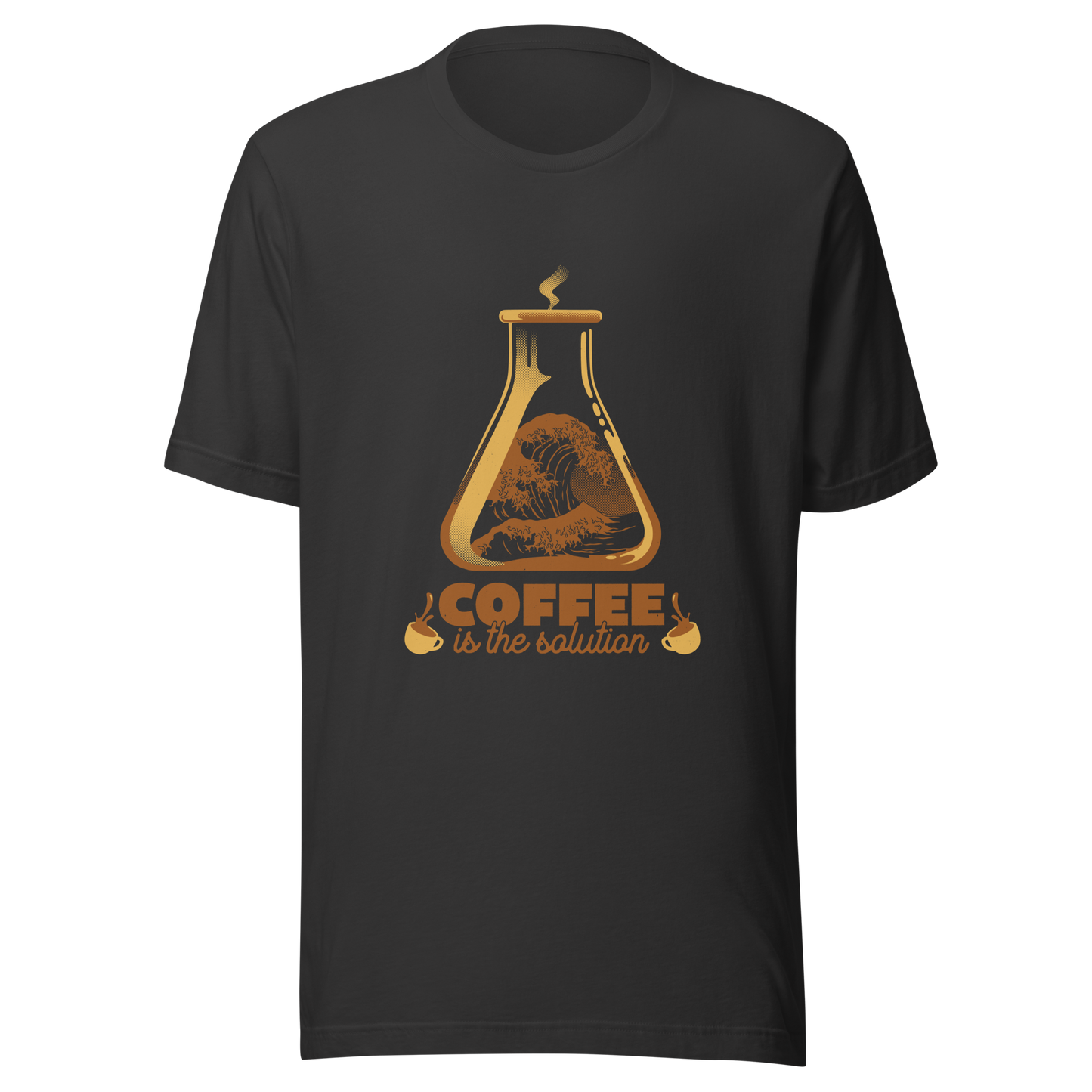 A stylized laboratory flask holding a powerful ocean wave, paired with bold retro typography reading ‘Coffee is the solution’. A playful design that blends science, humor, and coffee culture, perfect for coffee lovers, scientists, students, and anyone who believes caffeine solves most daily problems.