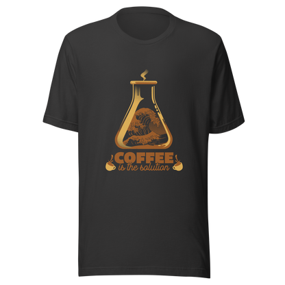 A stylized laboratory flask holding a powerful ocean wave, paired with bold retro typography reading ‘Coffee is the solution’. A playful design that blends science, humor, and coffee culture, perfect for coffee lovers, scientists, students, and anyone who believes caffeine solves most daily problems.