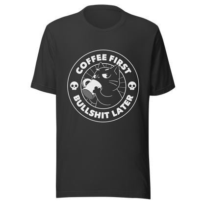 A black cat enjoys a hot cup of coffee, surrounded by the phrase “Coffee First Bullshit Later” adorned with skulls. This design combines dark humor with a touch of humor, perfect for those who face the day with equal doses of coffee and sarcasm. Made for lovers of felines, sarcasm and that extra dose of morning caffeine.