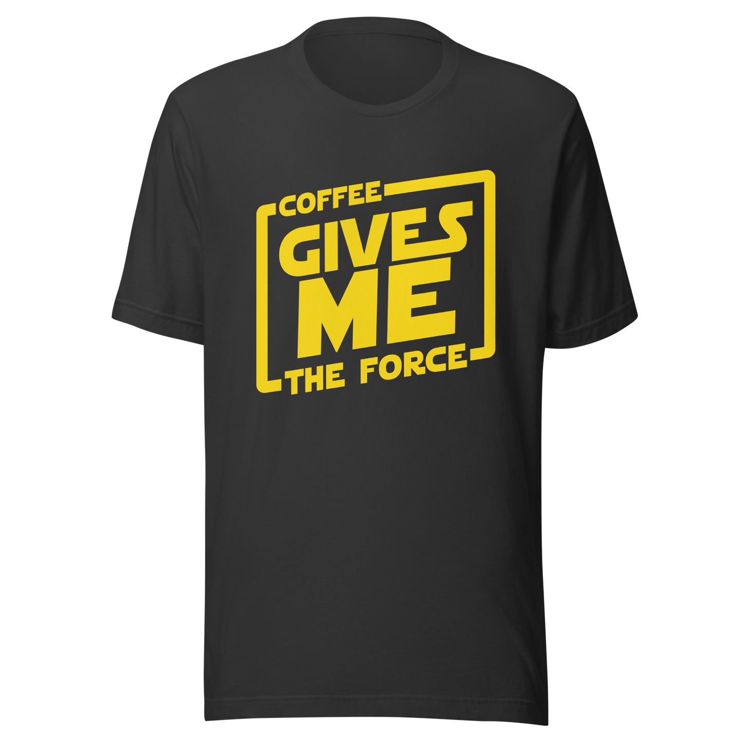 An artwork in yellow inspired by classic space adventure movies, featuring the phrase “Coffee Gives Me The Force”. A fun design for coffee lovers, sci-fi fans and anyone powered by caffeine and galaxy vibes.