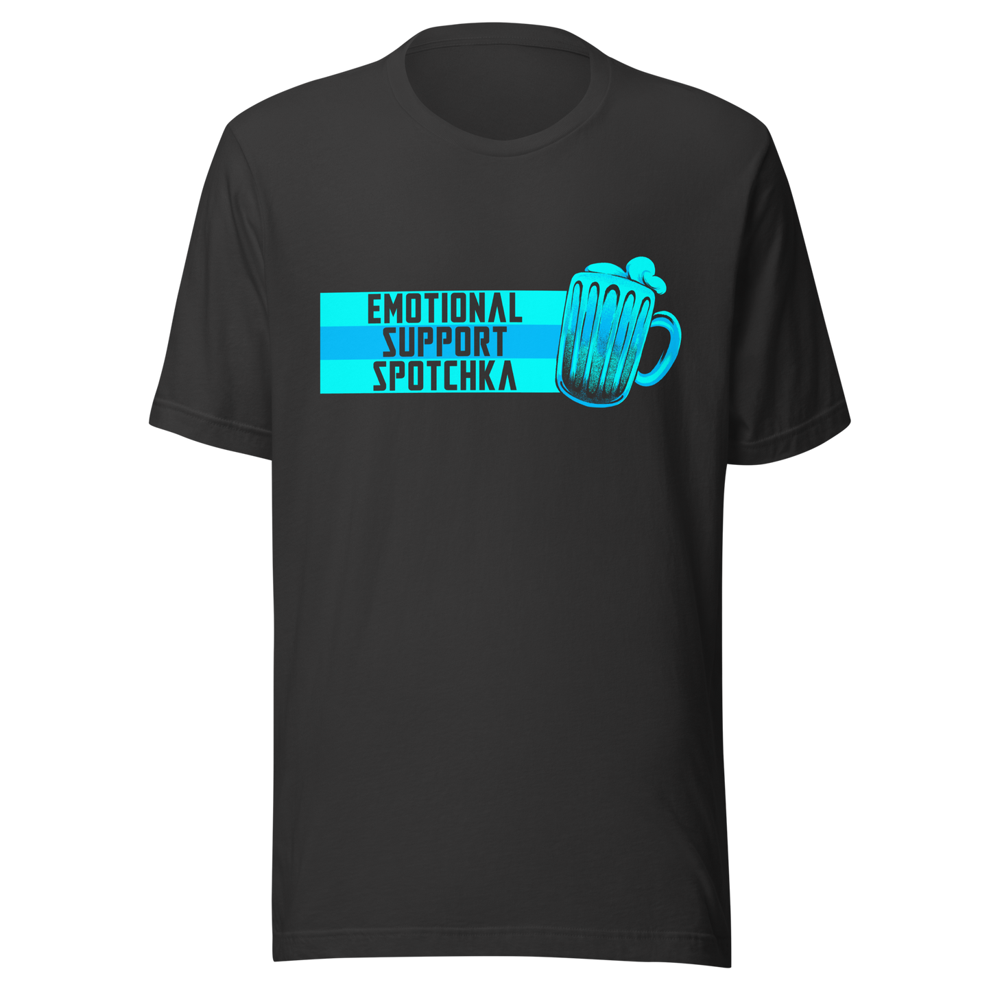 The design features a stylized mug filled with a frothy beverage, colored in vibrant shades of blue. Next to the mug, bold text reads 'EMOTIONAL SUPPORT SPOTCHKA'. The use of color and font style gives it a playful, pop-culture vibe, hinting at something fantastical or sci-fi influenced.