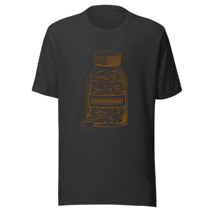 A medicine bottle filled with small coffee cups, labeled ‘antidepressant’. A playful, humorous design that celebrates coffee as a daily mood booster, perfect for coffee lovers who rely on caffeine to feel happier.