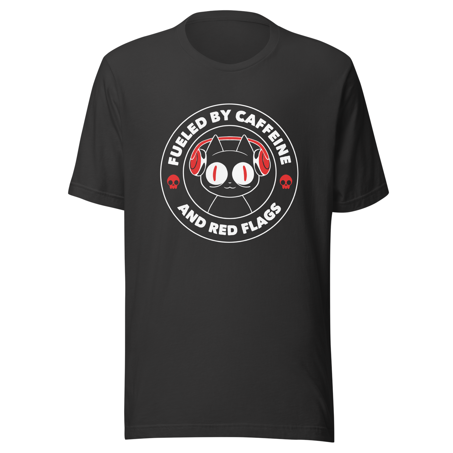 A stamp-style illustration of a black cat wearing headphones, featuring the phrase “Fueled by Caffeine and Red Flags”. A humorous and ironic design perfect for coffee lovers, chaotic souls, and anyone who embraces their red flags with style.