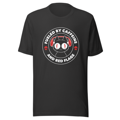 A stamp-style illustration of a black cat wearing headphones, featuring the phrase “Fueled by Caffeine and Red Flags”. A humorous and ironic design perfect for coffee lovers, chaotic souls, and anyone who embraces their red flags with style.