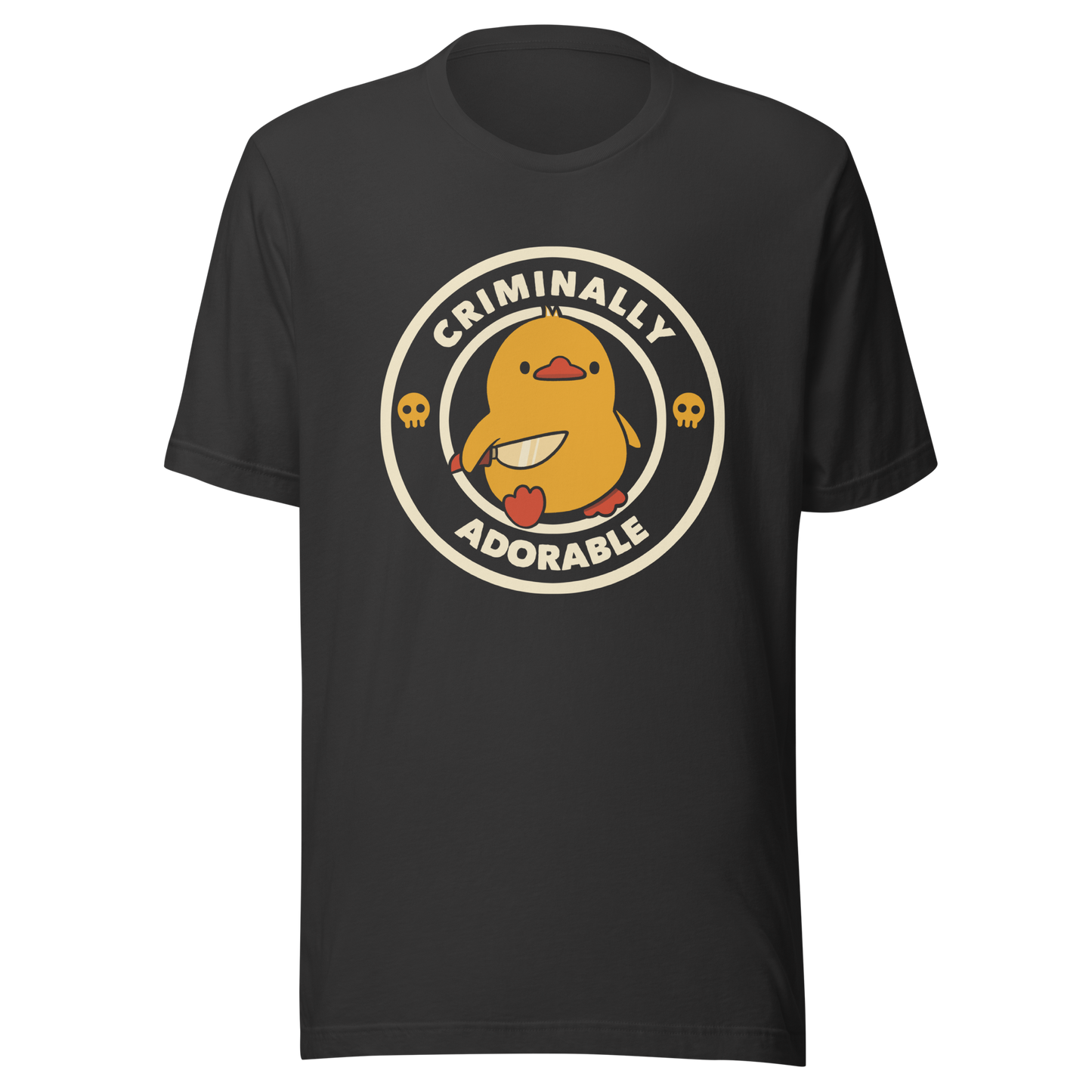 A cute yellow duck holding a small knife, around it the text "Criminally Adorable". An art that mixes humor with the temperament of ducks.