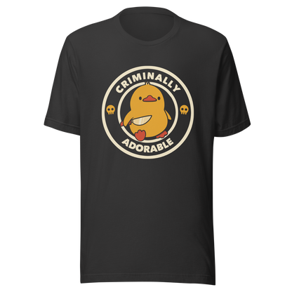 A cute yellow duck holding a small knife, around it the text "Criminally Adorable". An art that mixes humor with the temperament of ducks.