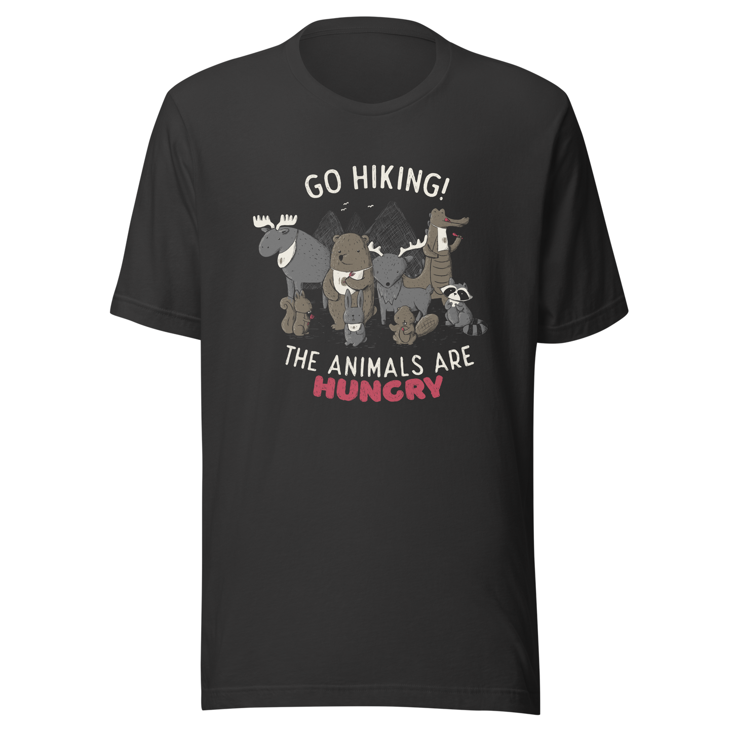 A playful nighttime illustration of cute animals gathered around a meal, holding utensils and napkins, ready to eat. Paired with the humorous phrase “Go Hiking! The Animals Are Hungry”, this whimsical design is perfect for animal lovers, fans of ironic humour, and anyone who enjoys fun art with a cheeky twist.