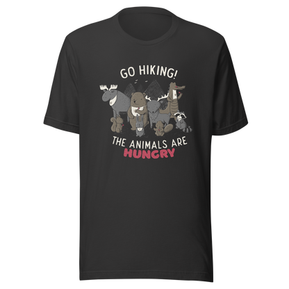 A playful nighttime illustration of cute animals gathered around a meal, holding utensils and napkins, ready to eat. Paired with the humorous phrase “Go Hiking! The Animals Are Hungry”, this whimsical design is perfect for animal lovers, fans of ironic humour, and anyone who enjoys fun art with a cheeky twist.