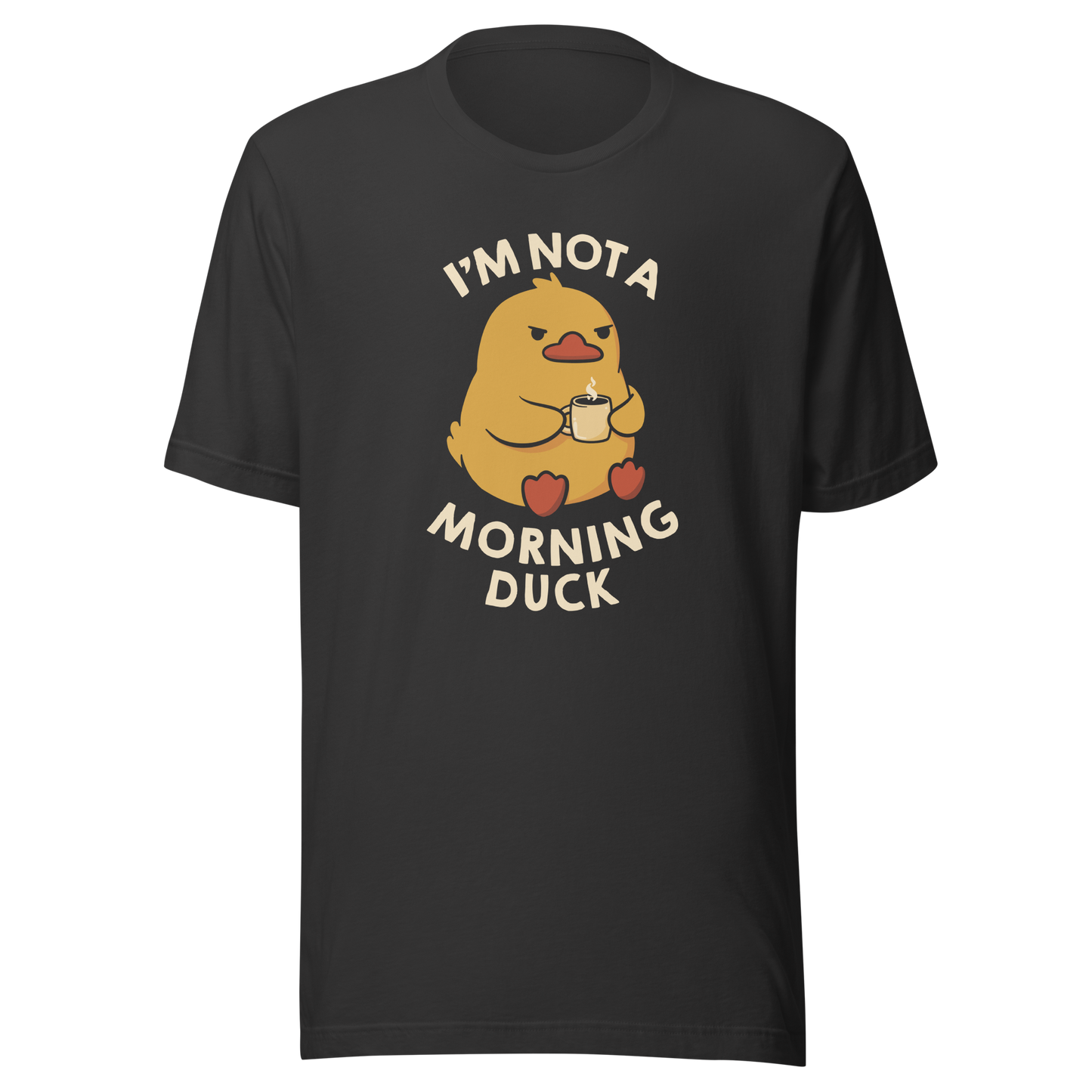 A cute little yellow duck, with a grumpy face, holding a mug of coffee and surrounded by the words "I'm Not a Morning Duck". This design plays on the humor of difficult mornings, mixing cuteness and sarcasm for those who only function after coffee. Perfect for those who are not at all morning people, coffee lovers and fans of funny prints and cute ducks.