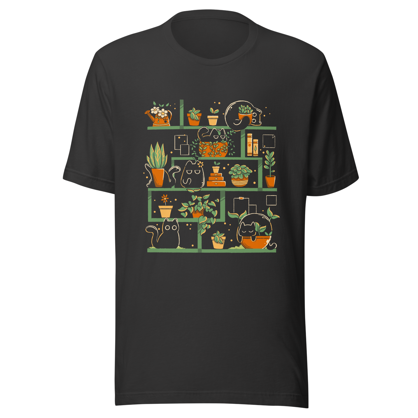 A minimalist illustration of a charming bookcase filled with lush potted plants and adorable kittens nestled among them. A cute and funny design, perfect for cat lovers, plant enthusiasts, and cosy decor fans.