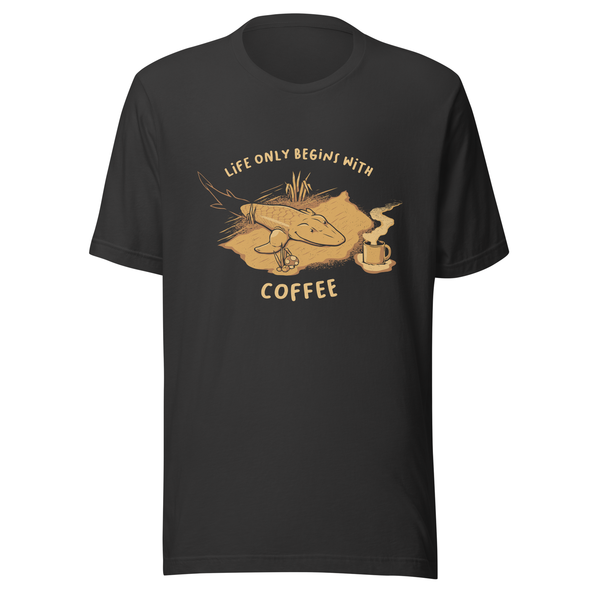 This funny illustration shows a tadpole evolving into a terrestrial creature while reaching for a cup of coffee. Paired with the phrase ‘Life Begins After Coffee Evolution’, the artwork humorously compares human evolution to our daily need for coffee.