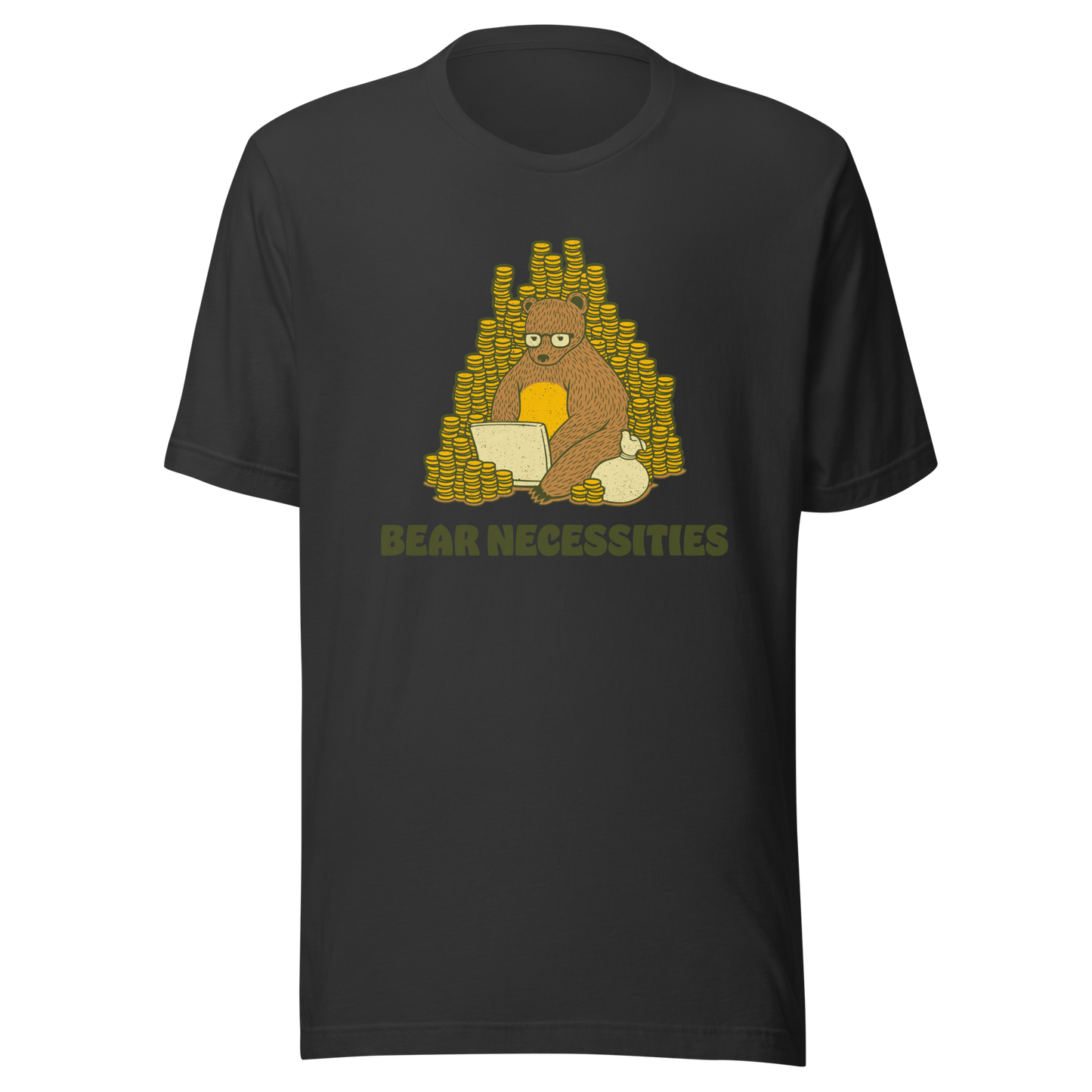 A brown bear wearing glasses works on his laptop, surrounded by stacks of coins. The phrase ‘Bear Necessities’ adds a clever, humorous twist. A minimalist and playful design, perfect for entrepreneurs, freelancers, office lovers and fans of witty animal art.
