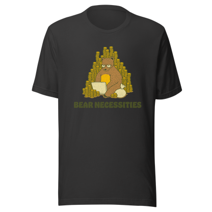 A brown bear wearing glasses works on his laptop, surrounded by stacks of coins. The phrase ‘Bear Necessities’ adds a clever, humorous twist. A minimalist and playful design, perfect for entrepreneurs, freelancers, office lovers and fans of witty animal art.