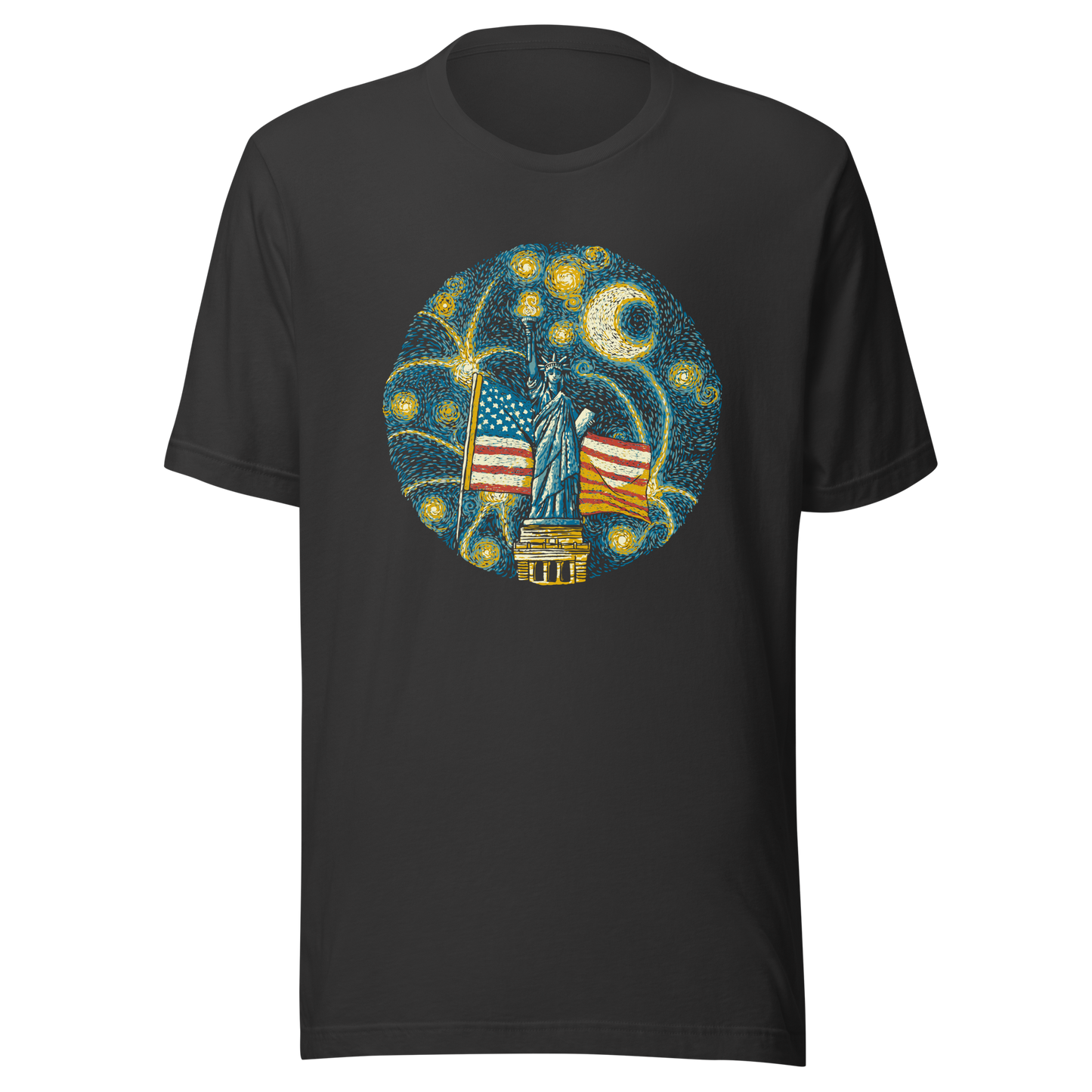An Impressionist-style artwork inspired by Van Gogh, featuring the Statue of Liberty under a swirling starry sky with the United States flag in the background. A symbolic fusion of liberty, patriotism, night sky, and expressive oil painting style, inspired by Van Gogh aesthetics.