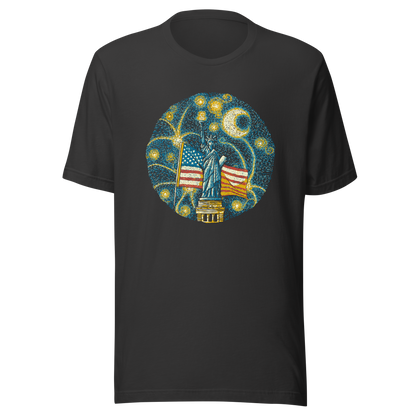 An Impressionist-style artwork inspired by Van Gogh, featuring the Statue of Liberty under a swirling starry sky with the United States flag in the background. A symbolic fusion of liberty, patriotism, night sky, and expressive oil painting style, inspired by Van Gogh aesthetics.