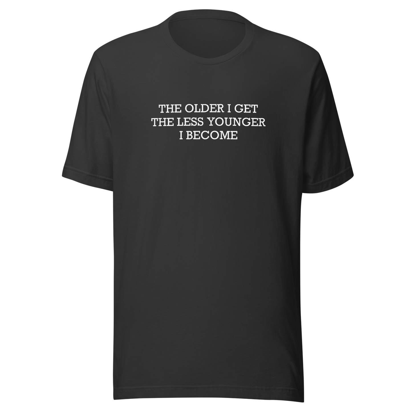 This typographic design features the phrase ‘The older I get the less younger I become’, a funny and ironic take on getting older. A clean and minimalist quote artwork, perfect for fans of sarcastic humor, witty sayings, and relatable designs.