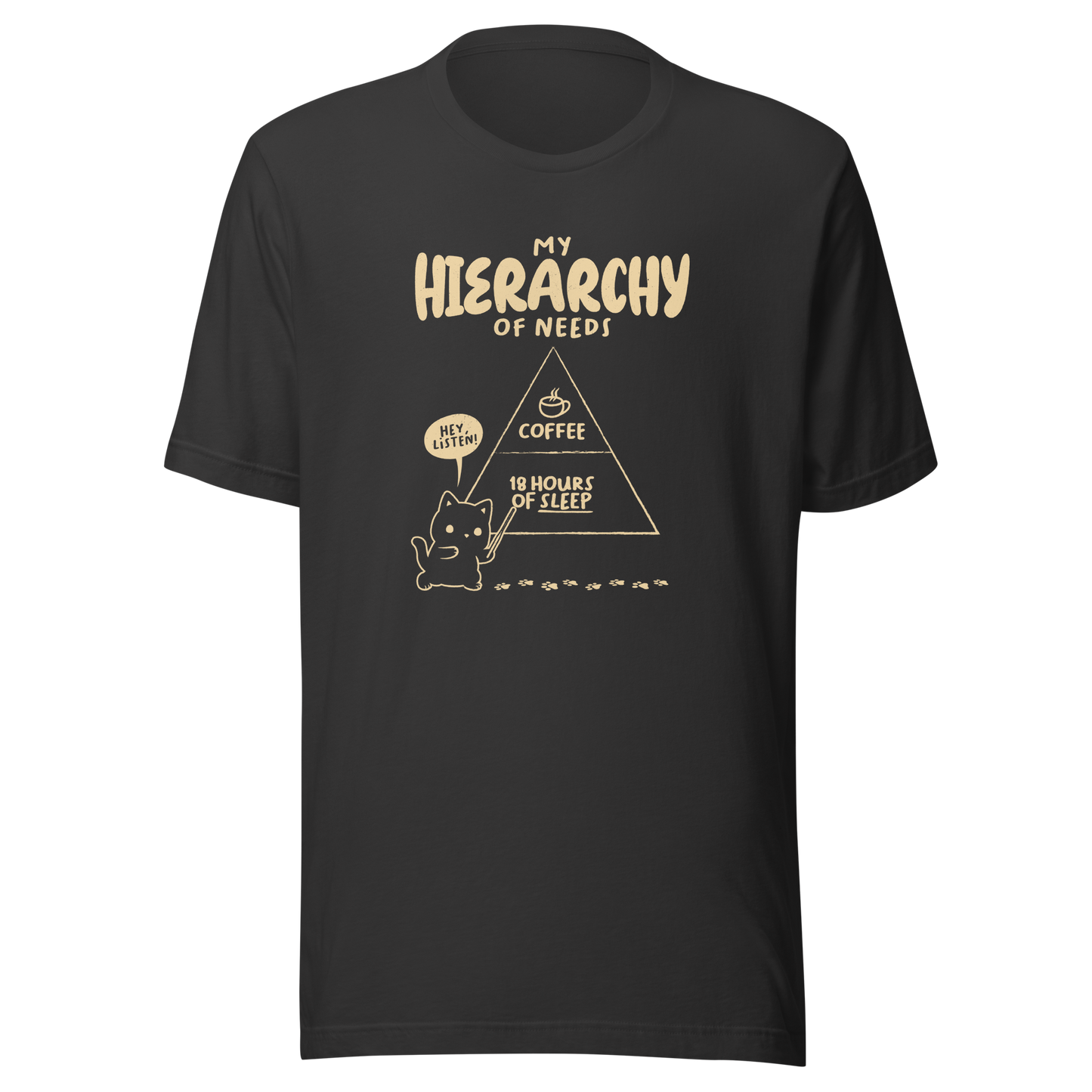 A playful illustration of a cat holding a pointer and presenting its own hierarchy of needs on a triangle chart, with coffee at the very top and 18 hours of sleep right below. A humorous piece for cat lovers who know exactly what really matters.