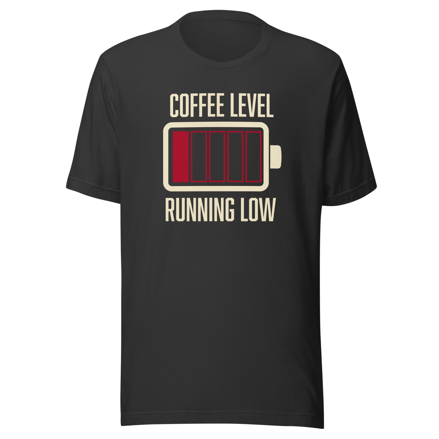 A minimalist artwork featuring a nearly empty battery indicator paired with the phrase ‘Coffee Level Running Low.’ A witty and relatable design for coffee lovers, caffeine addicts, office workers, students, and anyone who runs on coffee to get through the day.