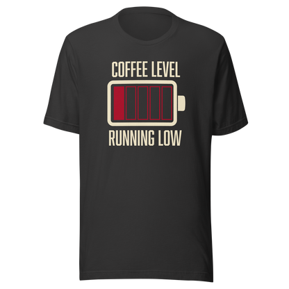 A minimalist artwork featuring a nearly empty battery indicator paired with the phrase ‘Coffee Level Running Low.’ A witty and relatable design for coffee lovers, caffeine addicts, office workers, students, and anyone who runs on coffee to get through the day.
